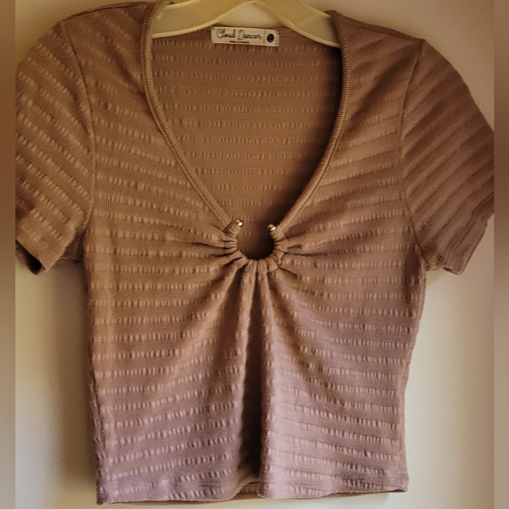 Cloud Dancer Beige top with silver ring detail, short sleeve, Size L